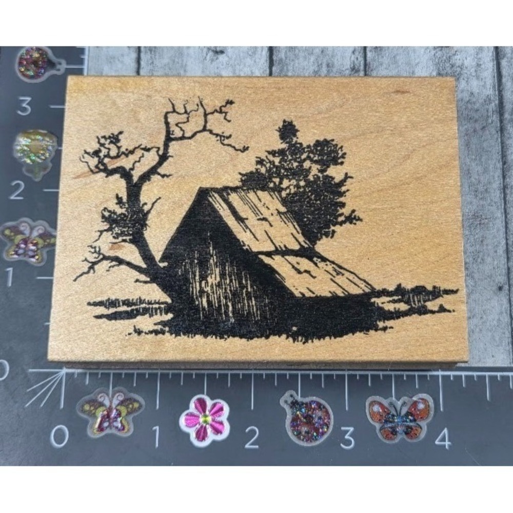 AnnTicipations Gnarled Tree Wood House Barn Cabin Scene Rubber Stamp Wood #F59